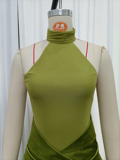 Green Halter High Neck A-Line Midi Evening Dress