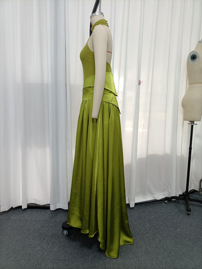 Green Halter High Neck A-Line Midi Evening Dress