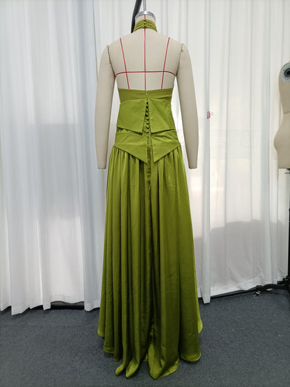 Green Halter High Neck A-Line Midi Evening Dress