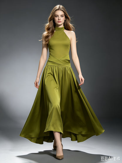 Green Halter High Neck A-Line Midi Evening Dress