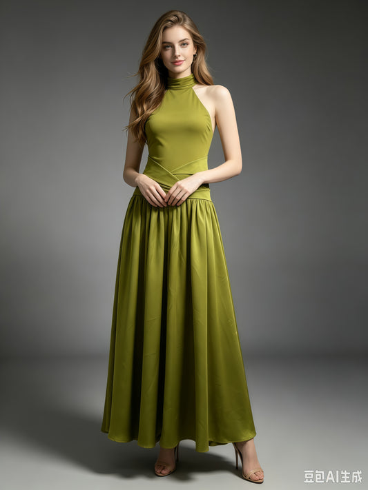 Green Halter High Neck A-Line Midi Evening Dress