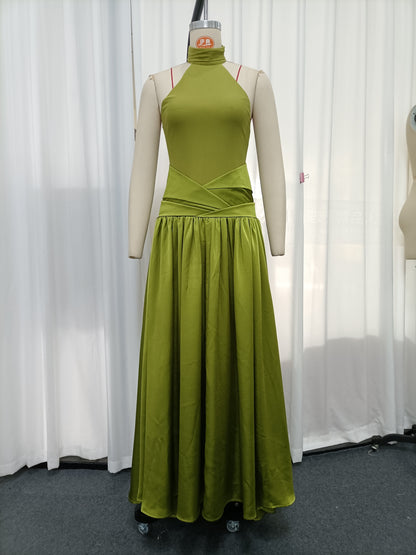 Green Halter High Neck A-Line Midi Evening Dress