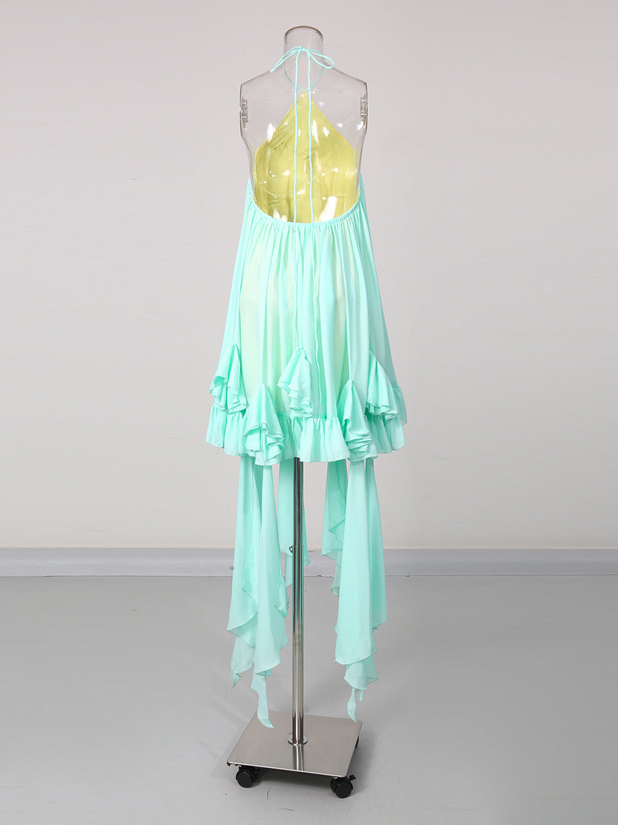 Green Halter Layered Ruffle Asymmetric Dress
