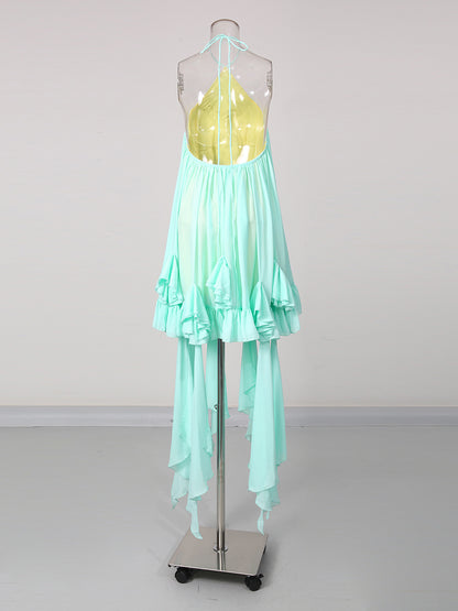 Green Halter Layered Ruffle Asymmetric Dress