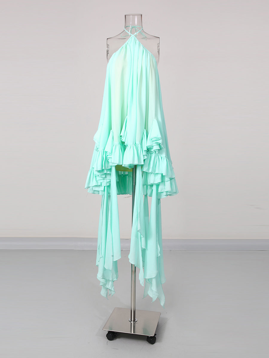 Green Halter Layered Ruffle Asymmetric Dress