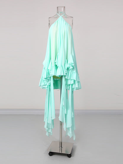 Green Halter Layered Ruffle Asymmetric Dress