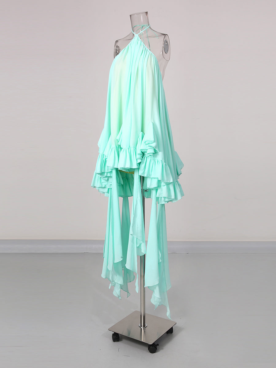 Green Halter Layered Ruffle Asymmetric Dress