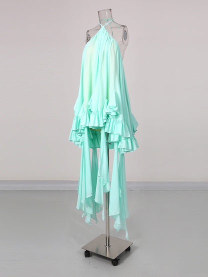 Green Halter Layered Ruffle Asymmetric Dress
