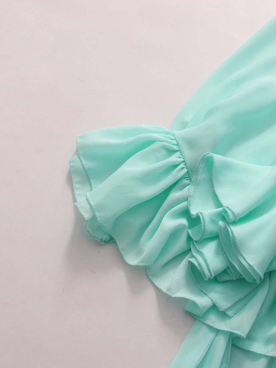 Green Halter Layered Ruffle Asymmetric Dress