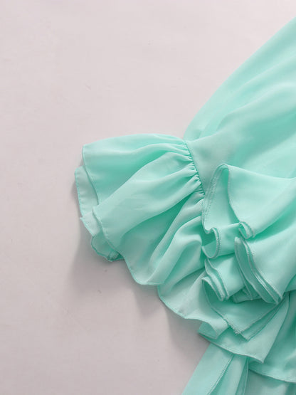 Green Halter Layered Ruffle Asymmetric Dress