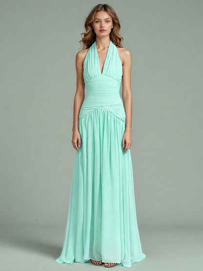 Green Halter Neck Ruched Maxi Dress