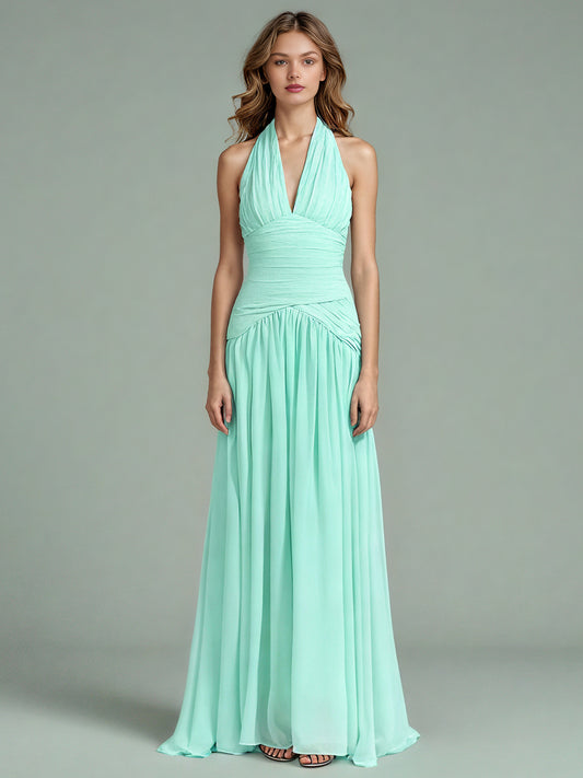 Green Halter Neck Ruched Maxi Dress