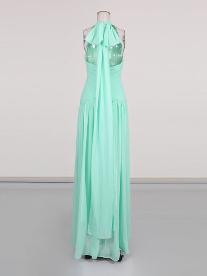 Green Halter Neck Ruched Maxi Dress