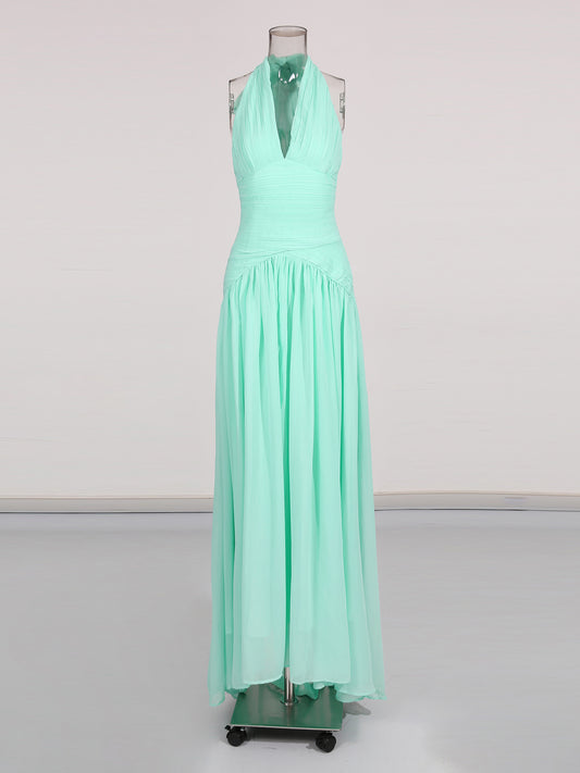 Green Halter Neck Ruched Maxi Dress