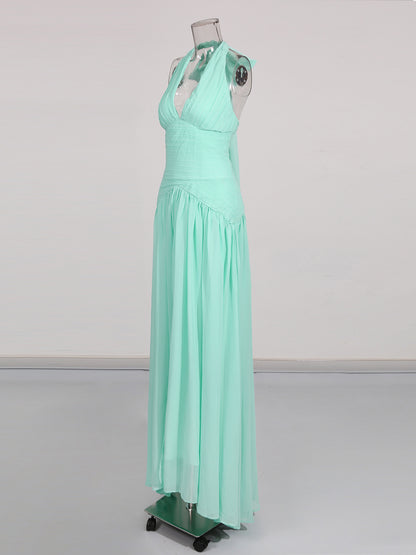 Green Halter Neck Ruched Maxi Dress