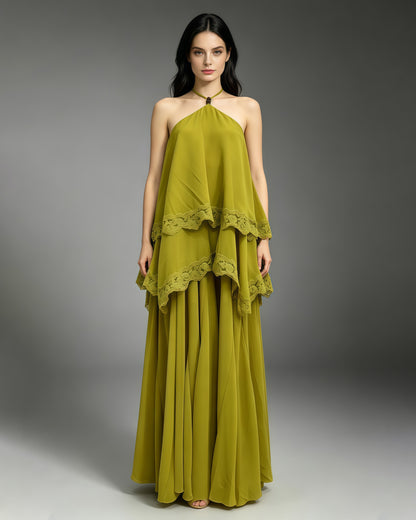 Green Halter Tiered Lace Trim Chiffon Maxi Flowy Dress