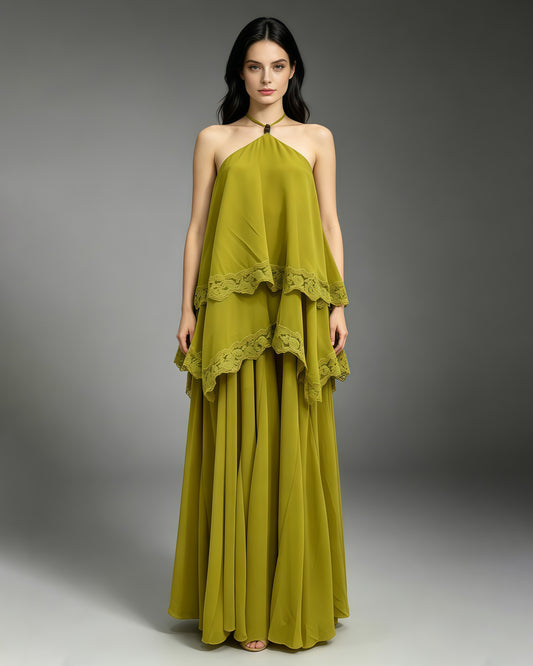 Green Halter Tiered Lace Trim Chiffon Maxi Flowy Dress
