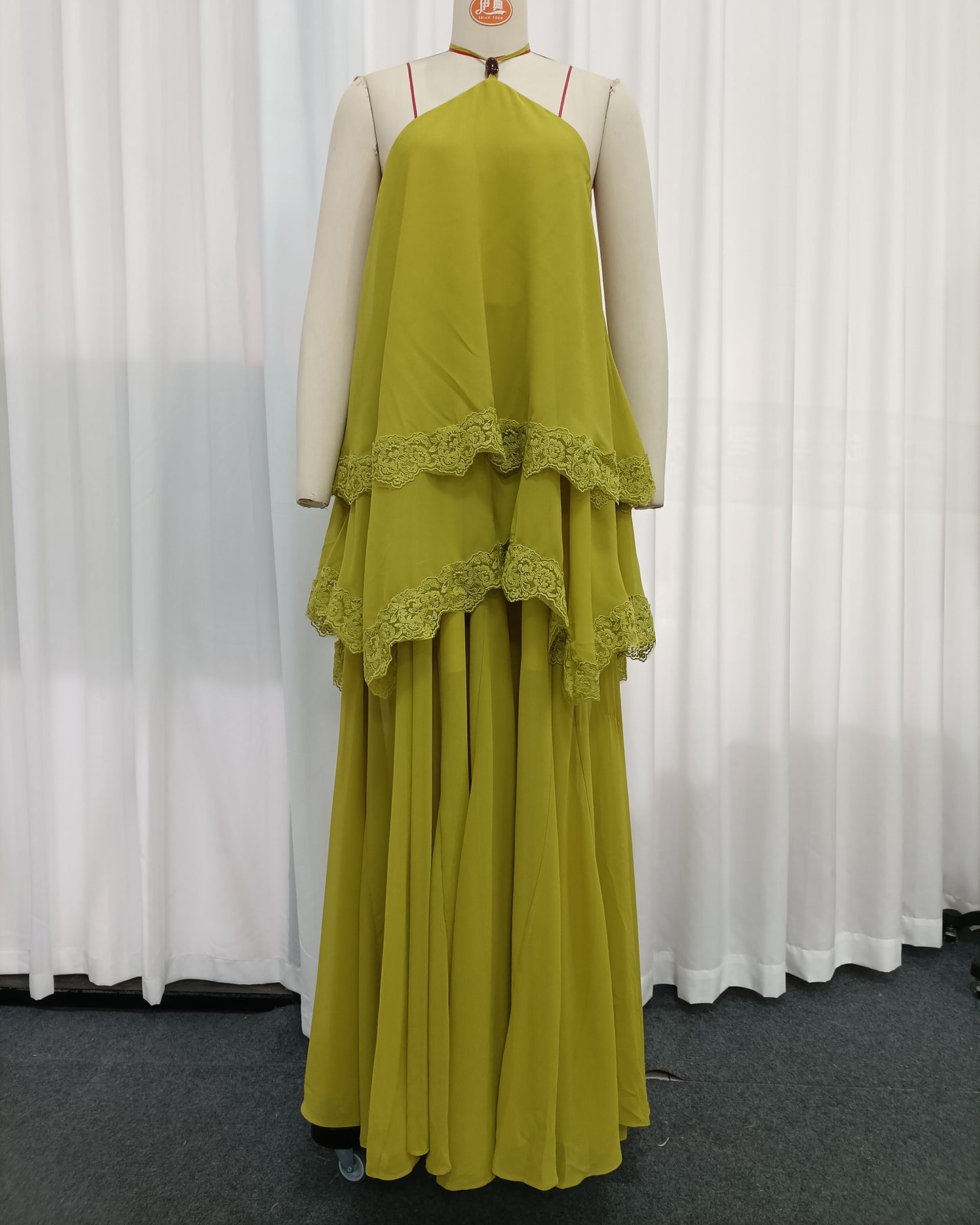 Green Halter Tiered Lace Trim Chiffon Maxi Flowy Dress
