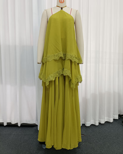 Green Halter Tiered Lace Trim Chiffon Maxi Flowy Dress