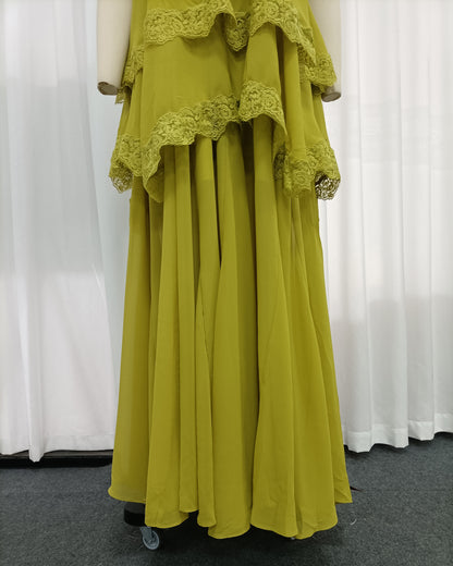 Green Halter Tiered Lace Trim Chiffon Maxi Flowy Dress