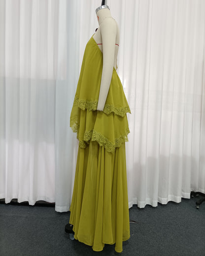 Green Halter Tiered Lace Trim Chiffon Maxi Flowy Dress