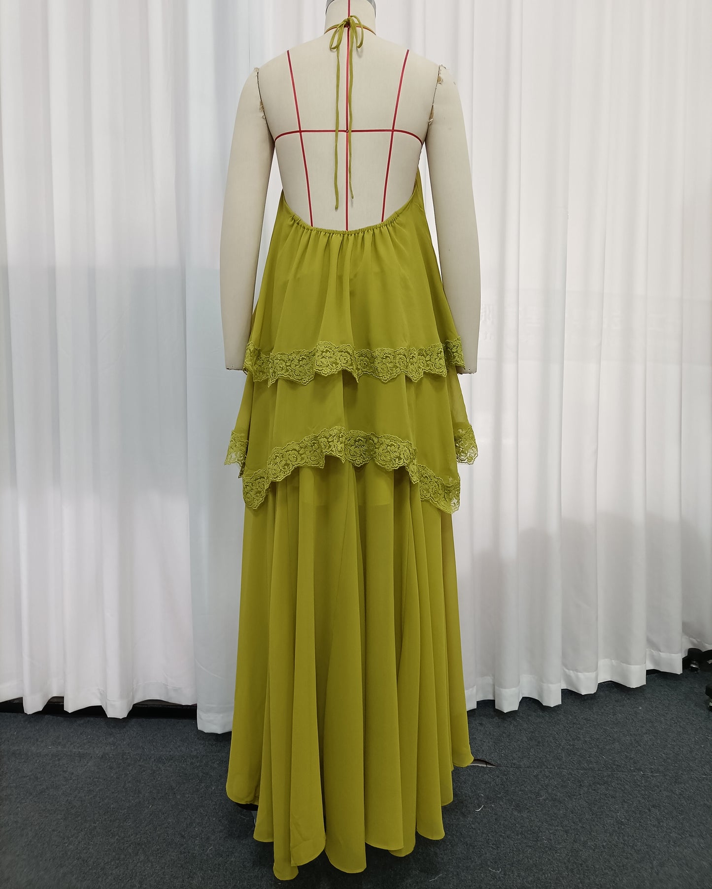Green Halter Tiered Lace Trim Chiffon Maxi Flowy Dress