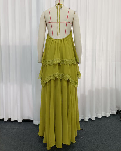 Green Halter Tiered Lace Trim Chiffon Maxi Flowy Dress