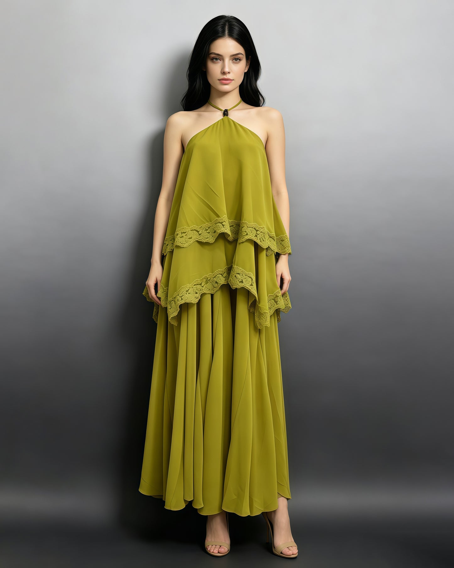 Green Halter Tiered Lace Trim Chiffon Maxi Flowy Dress