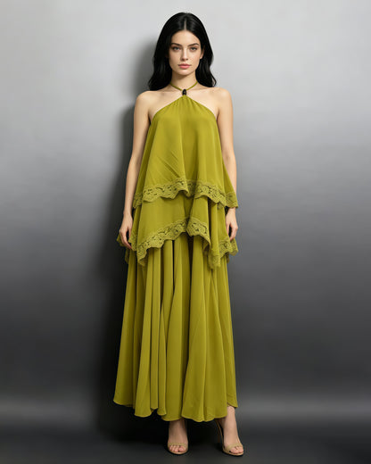 Green Halter Tiered Lace Trim Chiffon Maxi Flowy Dress