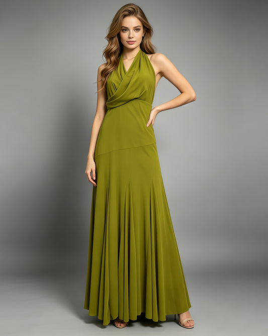 Green Halter Wrap V Neck Flowy Maxi Dress