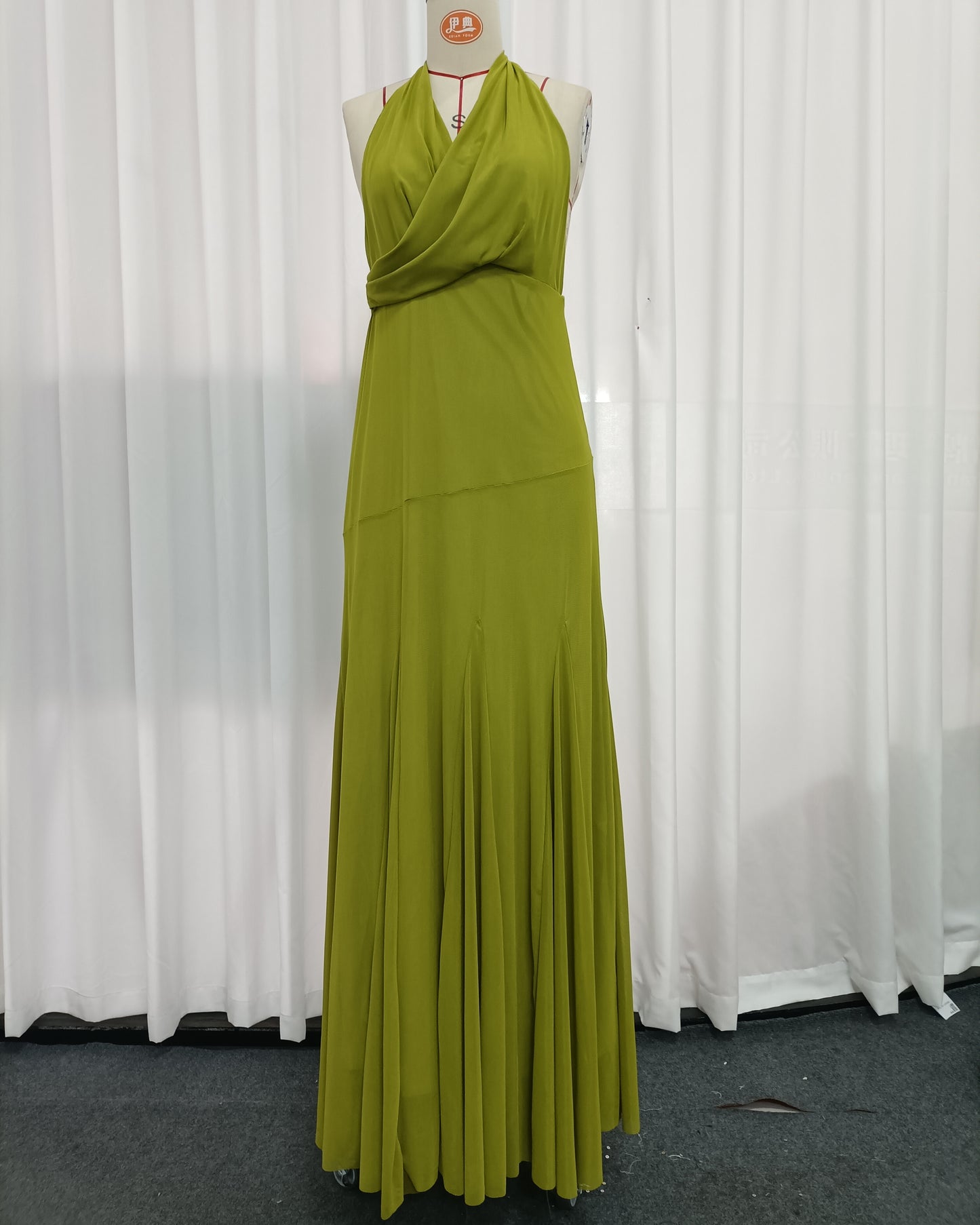 Green Halter Wrap V Neck Flowy Maxi Dress