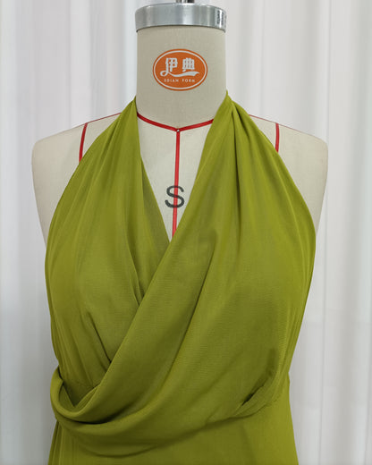 Green Halter Wrap V Neck Flowy Maxi Dress