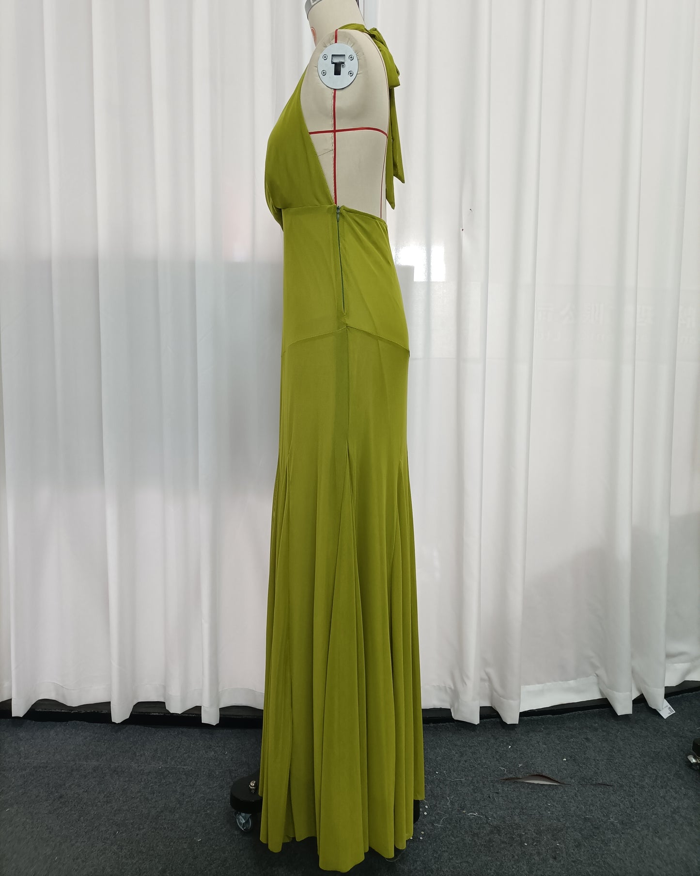 Green Halter Wrap V Neck Flowy Maxi Dress