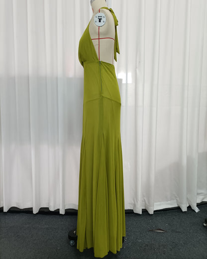 Green Halter Wrap V Neck Flowy Maxi Dress