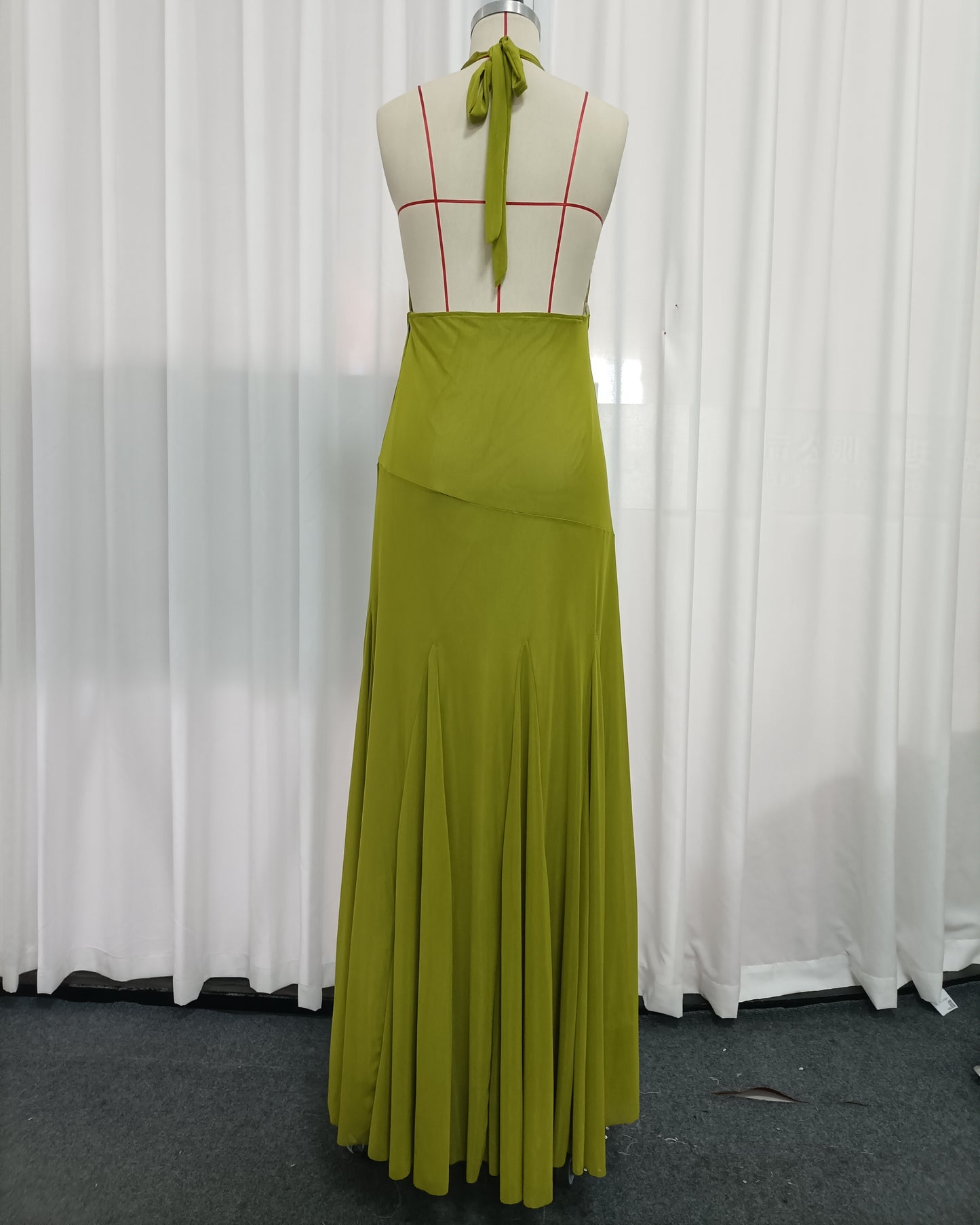 Green Halter Wrap V Neck Flowy Maxi Dress