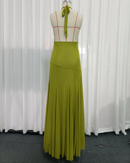Green Halter Wrap V Neck Flowy Maxi Dress