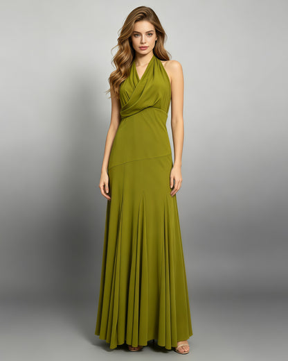 Green Halter Wrap V Neck Flowy Maxi Dress