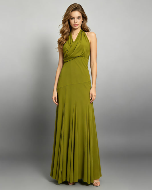 Green Halter Wrap V Neck Flowy Maxi Dress