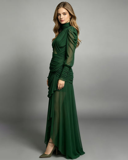 Green High Neck Draped Mesh Maxi Dress