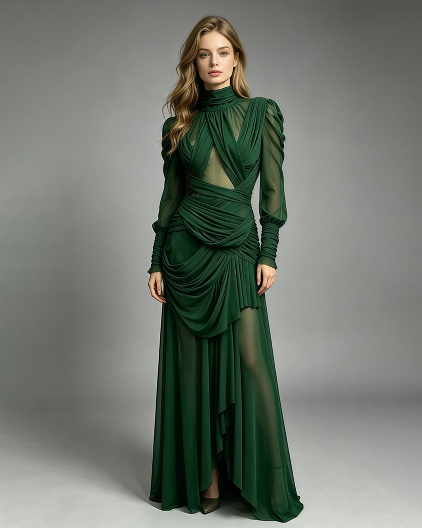 Green High Neck Draped Mesh Maxi Dress