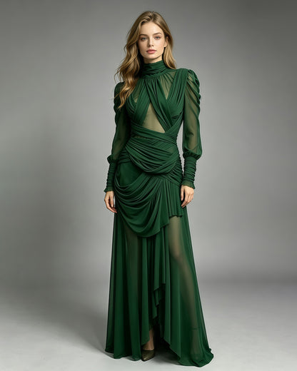 Green High Neck Draped Mesh Maxi Dress
