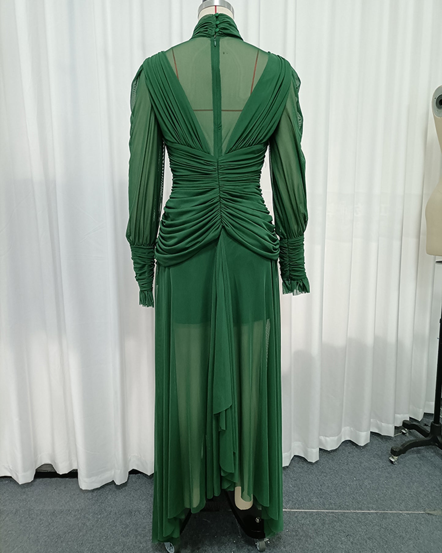 Green High Neck Draped Mesh Maxi Dress