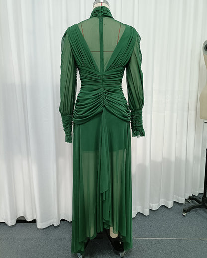 Green High Neck Draped Mesh Maxi Dress