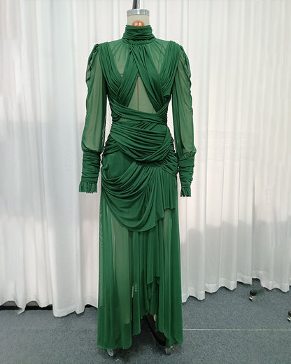 Green High Neck Draped Mesh Maxi Dress