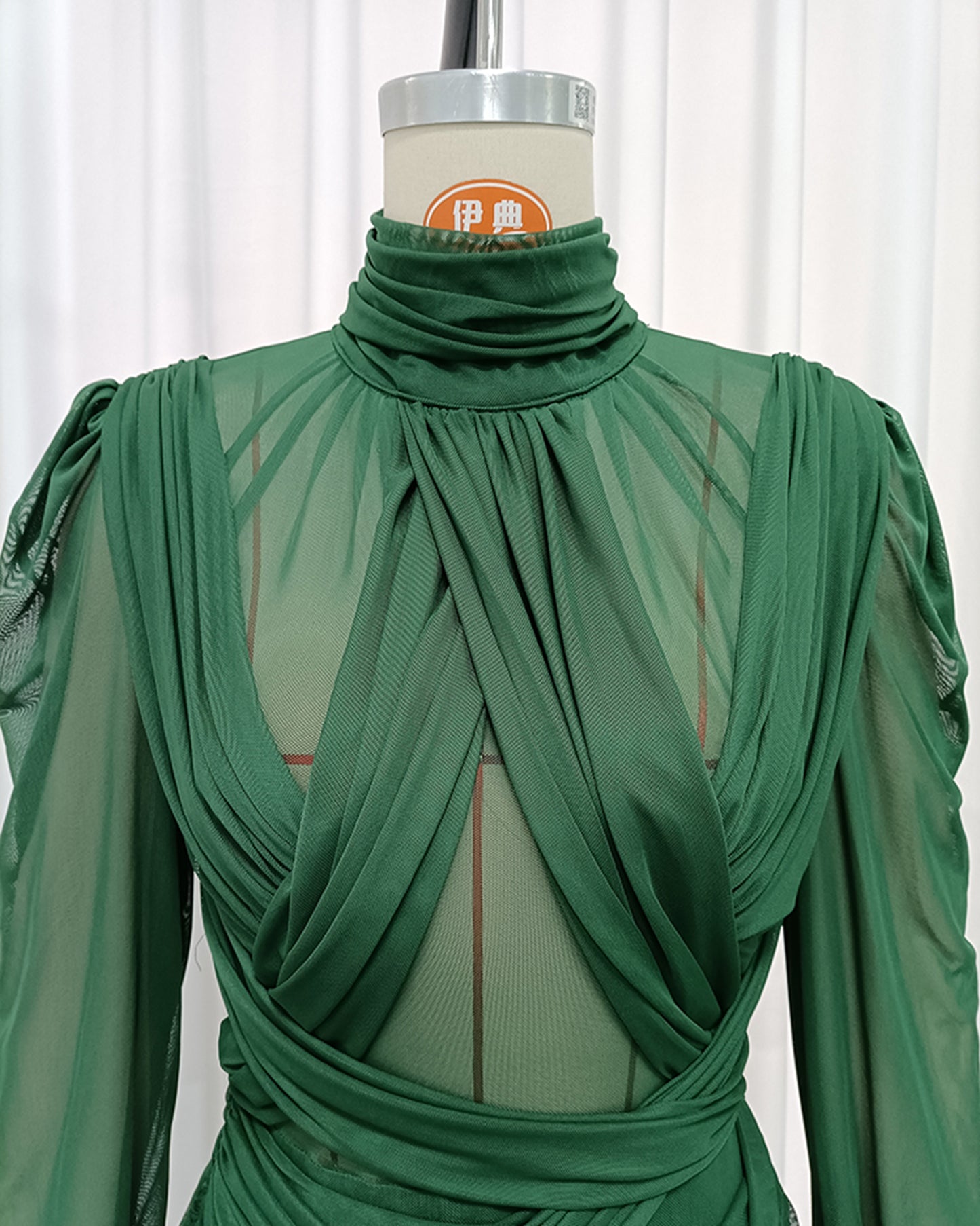 Green High Neck Draped Mesh Maxi Dress