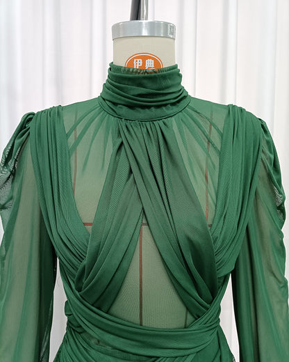 Green High Neck Draped Mesh Maxi Dress