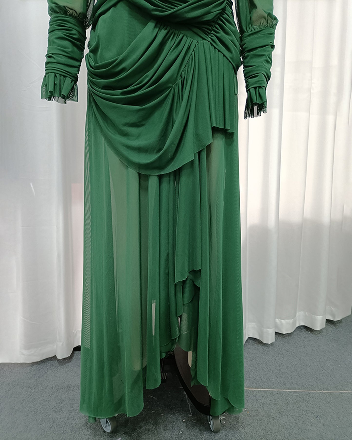 Green High Neck Draped Mesh Maxi Dress