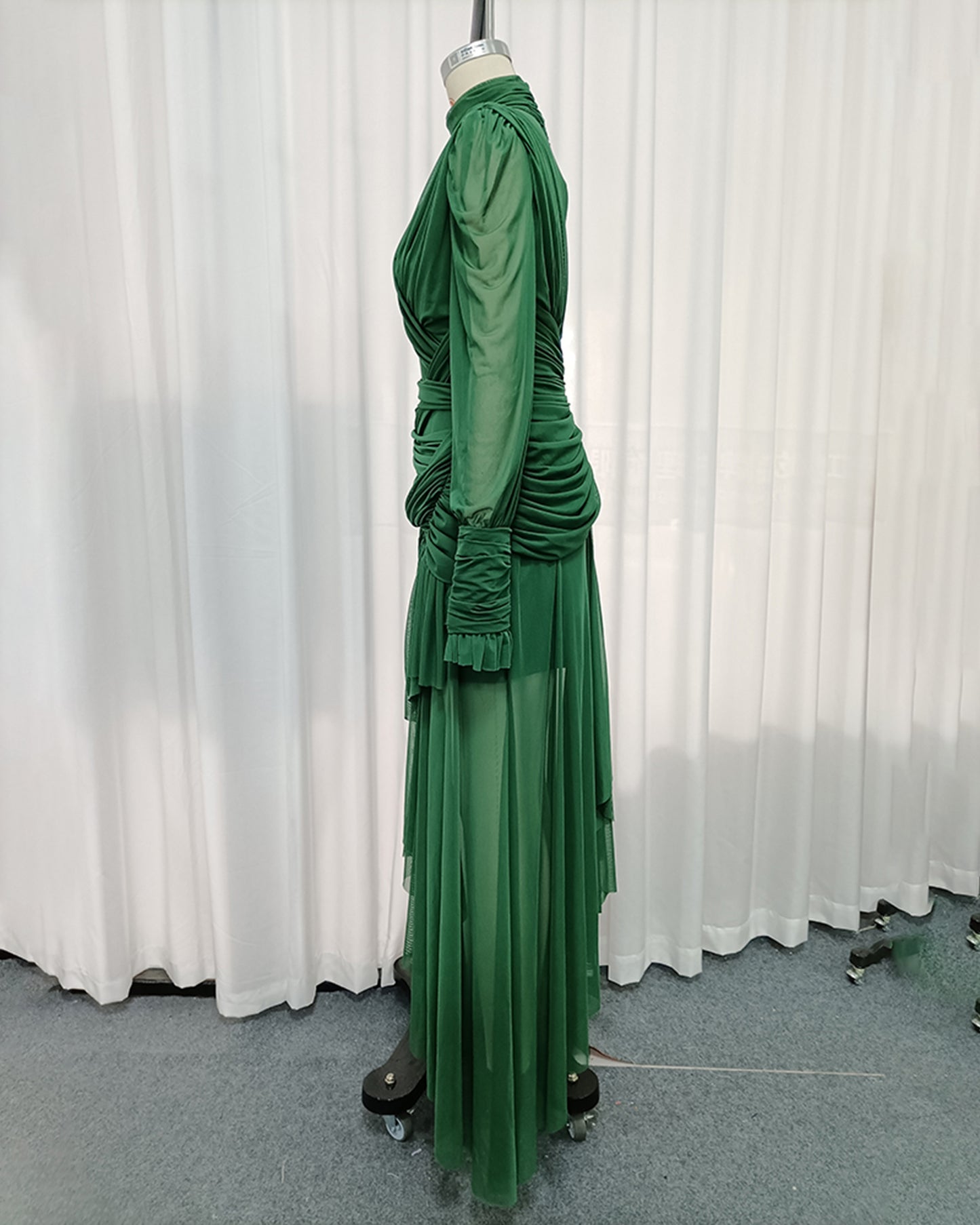 Green High Neck Draped Mesh Maxi Dress