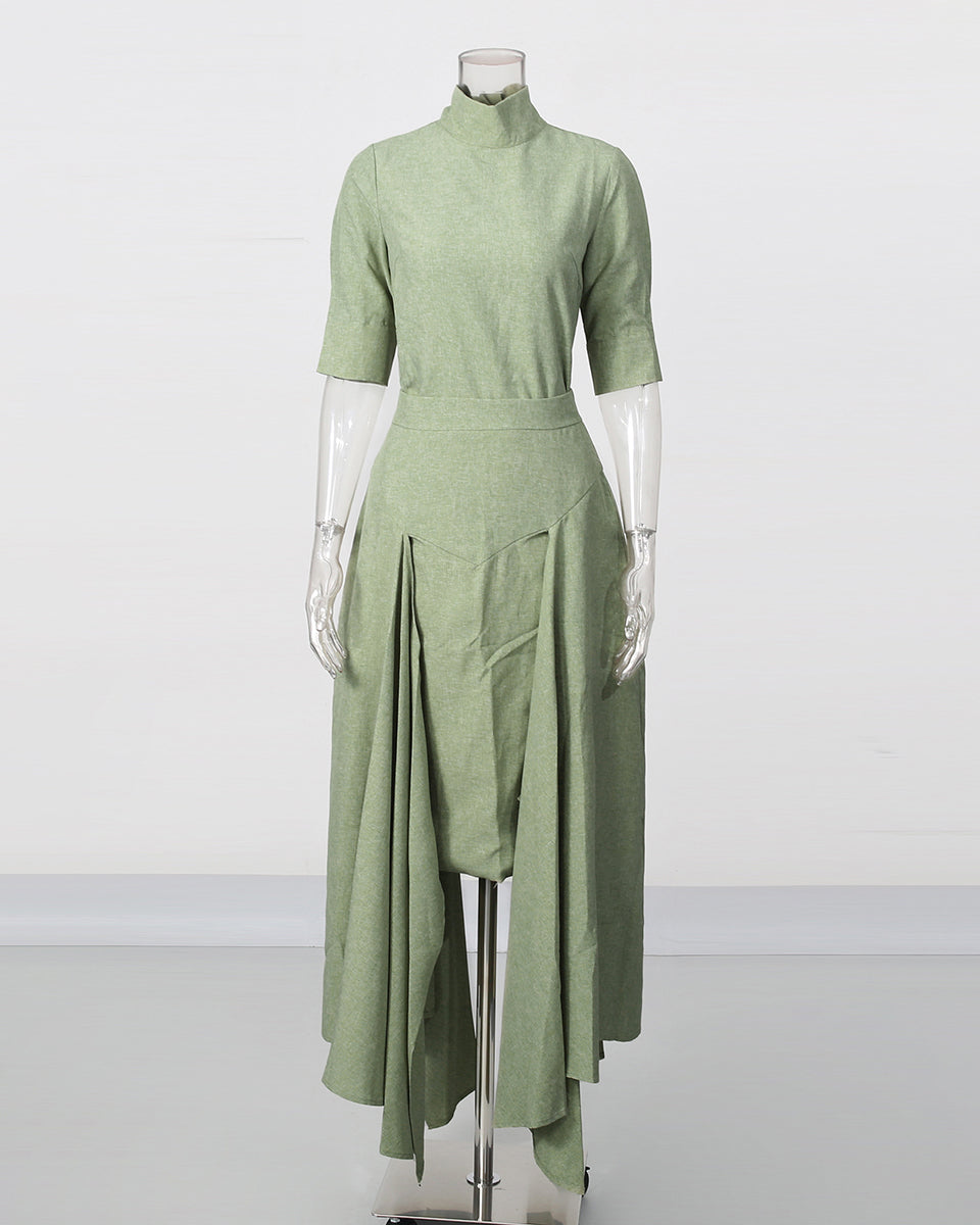 Green High Neck Half Sleeve Top Irregular Skirt Set