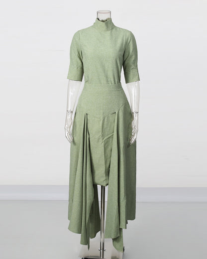 Green High Neck Half Sleeve Top Irregular Skirt Set